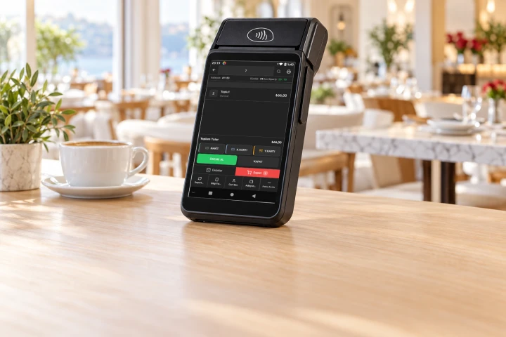 Kafe masasında NarPOS satış ekranı açık el terminali