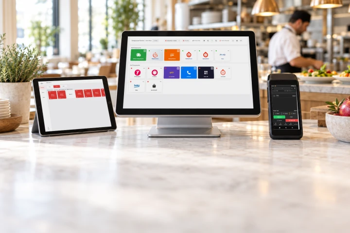 Tezgâhta NarPOS entegrasyon ekranı açık kasa, masa listesi açık tablet ve el terminali